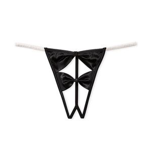 Victoria's Secret DREAM ANGELS Black & White Crotchless Satin Bow V-String Panty
